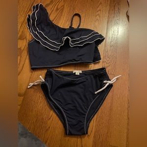 Navy One Shoulder Ruffle Bikini